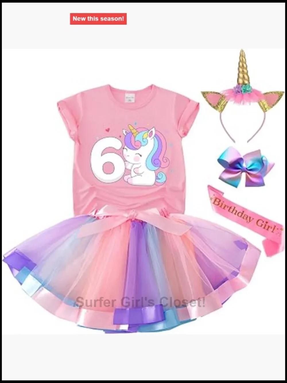 Unicorn Birthday Outfit - Shirt, Tutu Skirt, Crown, Hair Bow & Sash